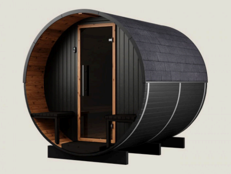 Sauna tonneau extérieur Onyxia Barrel avec terrasse intégrée pour votre jardin : l'alliance du bien-être et du design